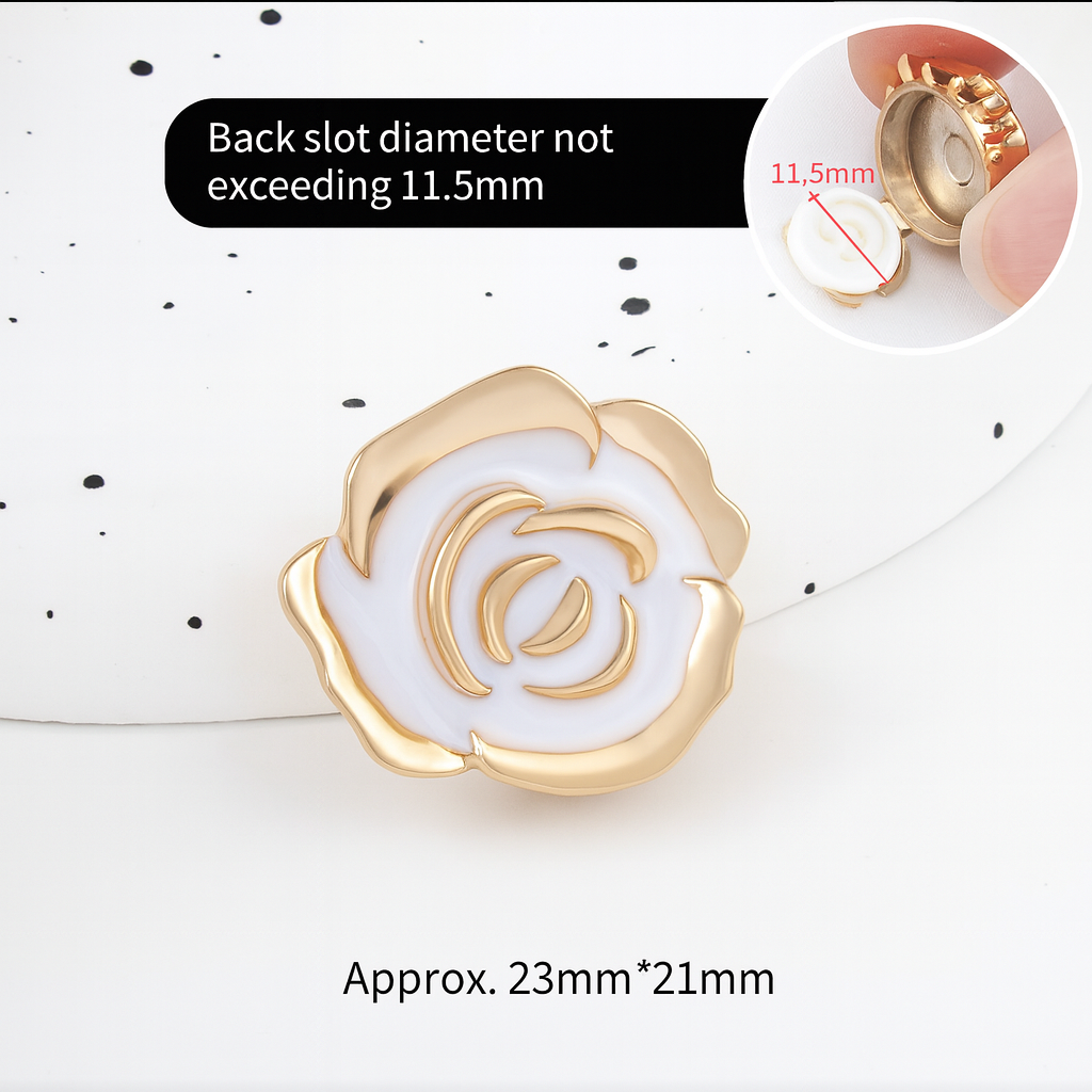 Add a touch of elegance to your wardrobe with our gold-trimmed rose buttons.