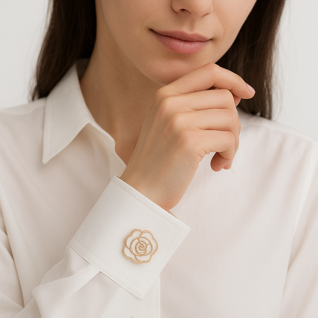 Elegant Rose Cuff Button – Gold-Edged White Enamel Design