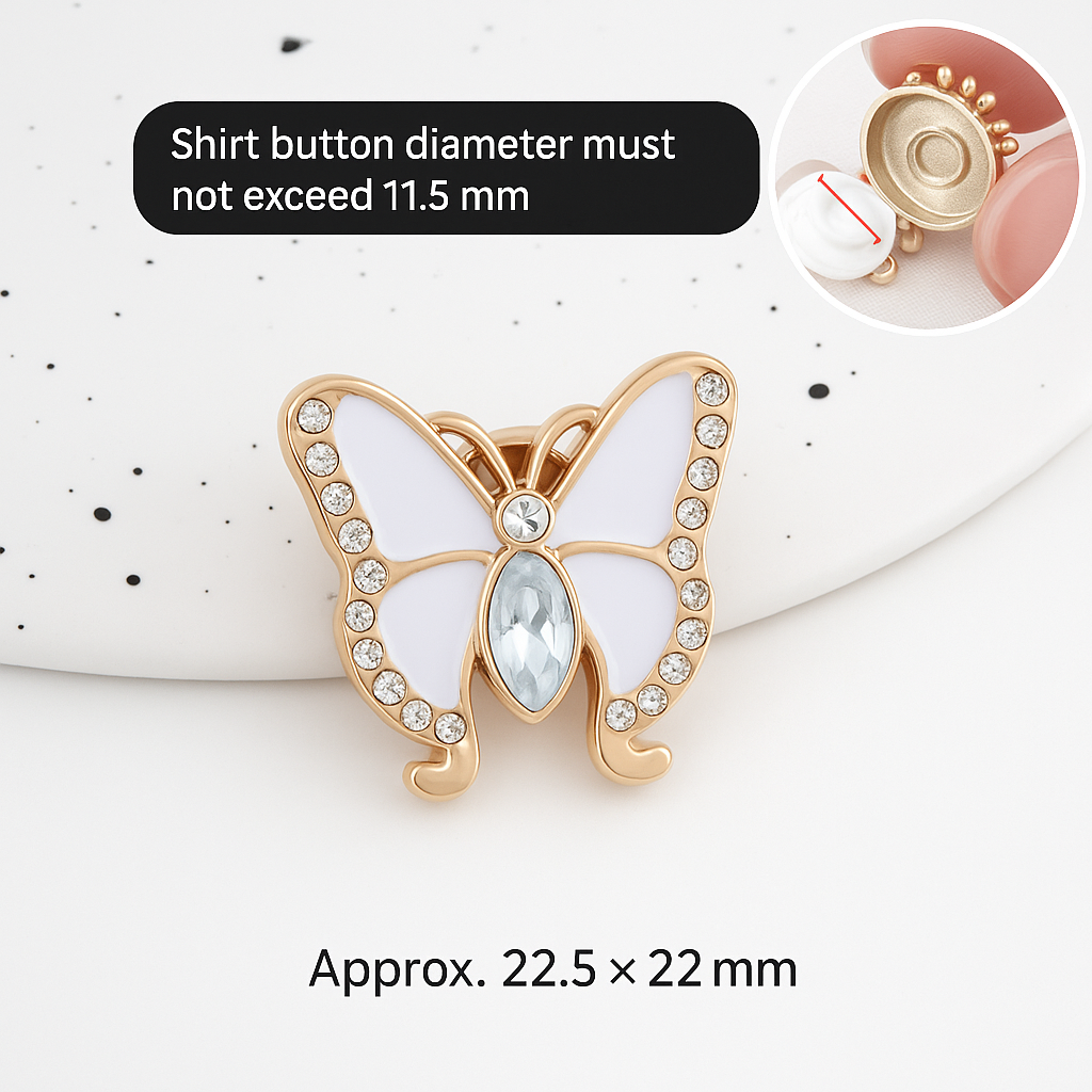 Butterfly Crystal Button – Gold Edge White Enamel Design