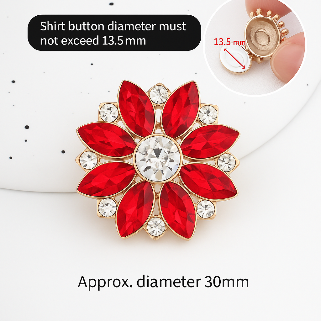 Red Crystal Flower Button – Gold Edge Brooch Design