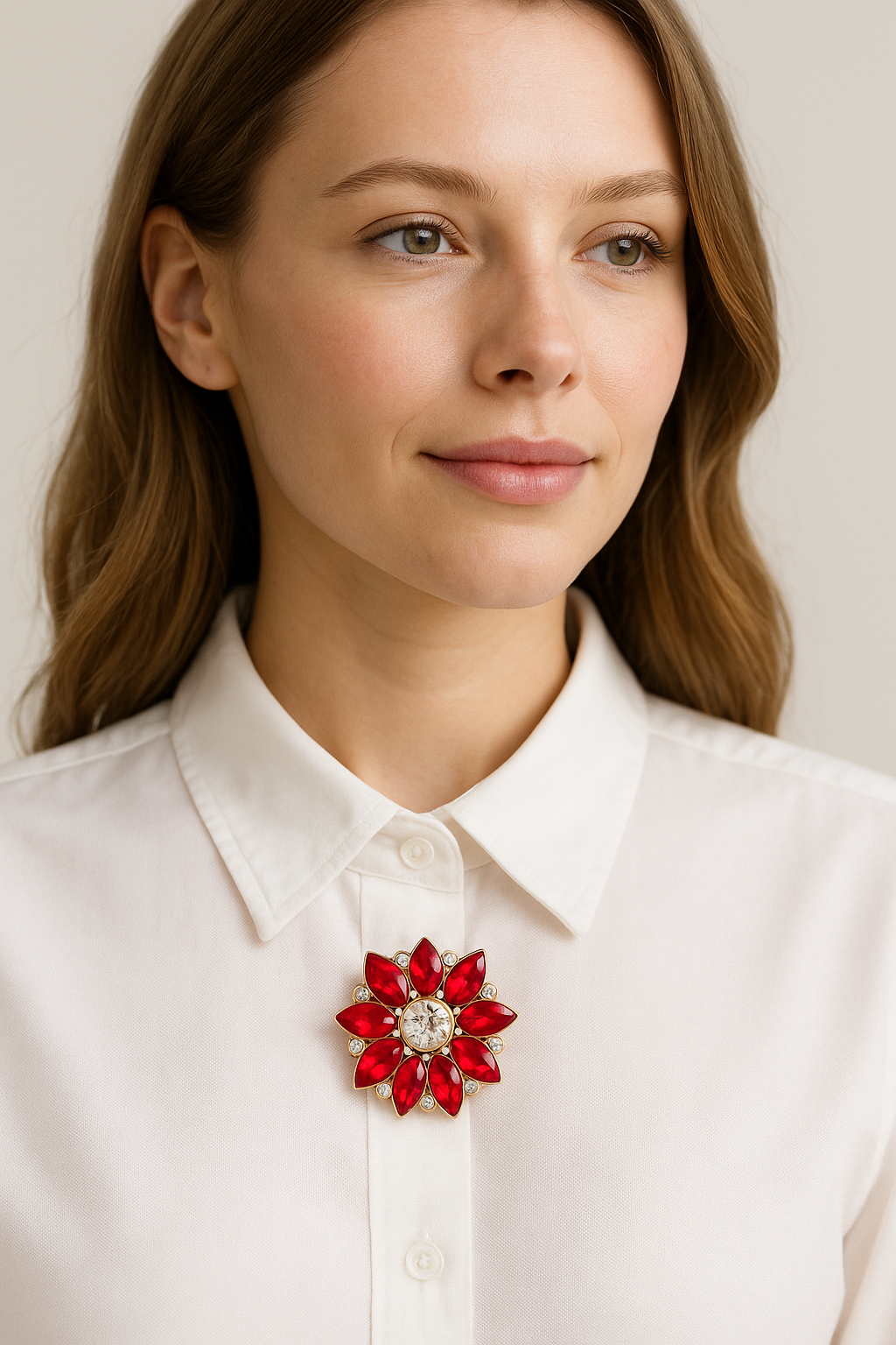 Red Crystal Flower Button – Gold Edge Brooch Design