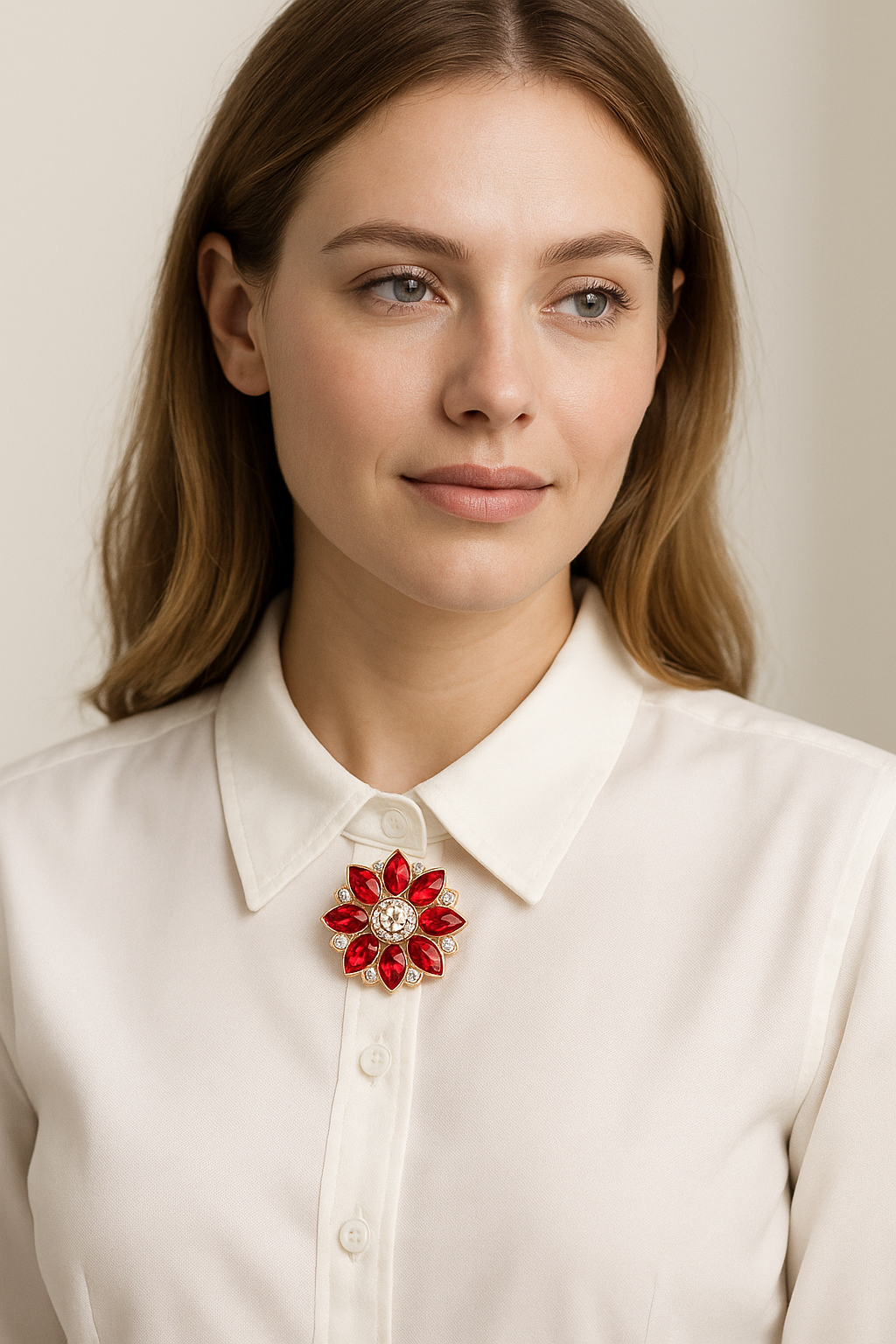 Red Crystal Flower Button – Gold Edge Brooch Design